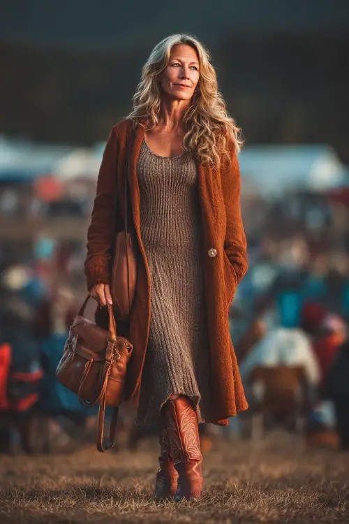 A woman over 50 wears a knit maxi dress with a long suede coat, paired with brown cowboy boots and a structured handbag