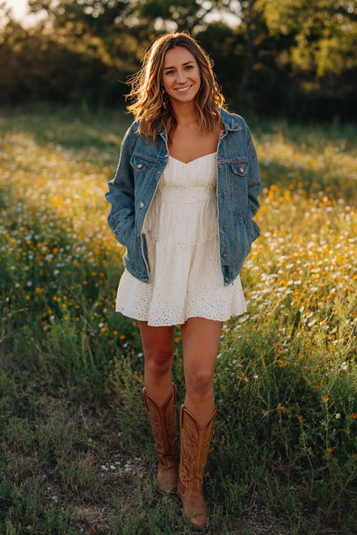 a woman wears a white mini dress with brown cowboy boots and a denim jacket