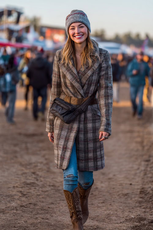 A woman wears a long plaid coat with skinny jeans, suede cowboy boots, and a crossbody bag, styled with a knit beanie at an outdoor music festival stage