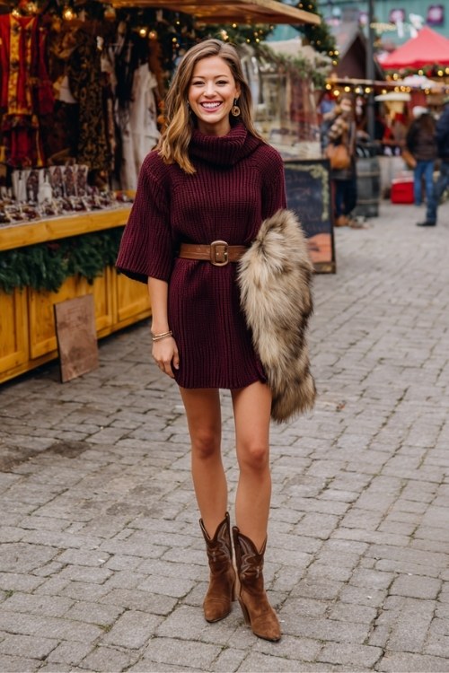 a woman wears a burgundy sweater dress with brown suede cowboy boots for winter