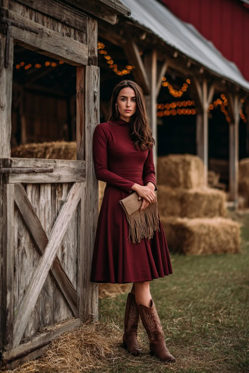 A woman wears a long-sleeve burgundy midi dress with a flared skirt, paired with brown leather cowboy boots and a fringed clutch