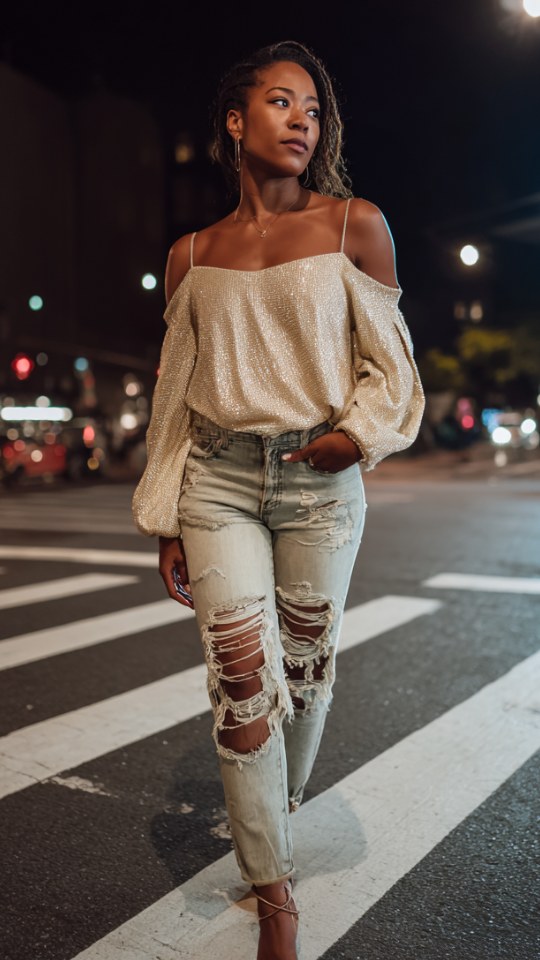 A black woman wears distressed skinny jeans with a glittery off-shoulder blouse outfit for going out
