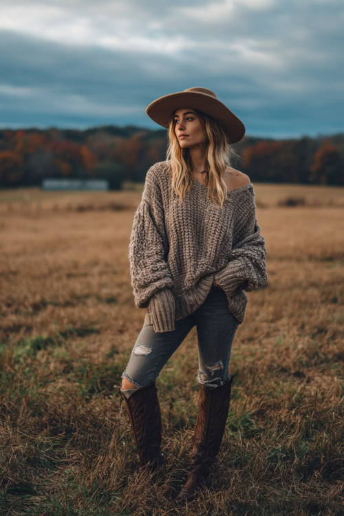 A woman wears distressed skinny jeans with a chunky knit sweater tucked in, styled with a wide-brim felt hat and tall western boots, standing in a concert field with autumn trees