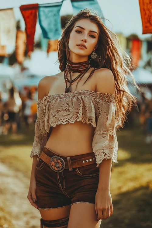 A free-spirited woman in a vintage-inspired off-the-shoulder blouse with high-waisted suede shorts, styled with cowboy boots and a layered necklace
