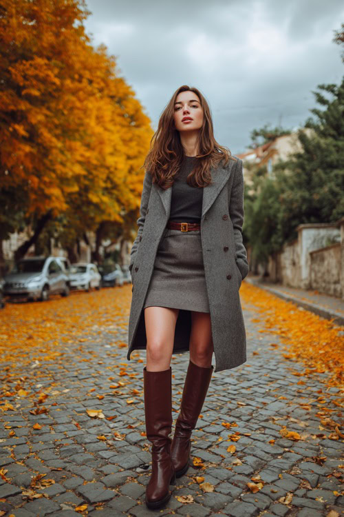 Woman in a long wool coat, midi skirt, and tall leather boots, standing on a cobblestone street covered with orange leaves