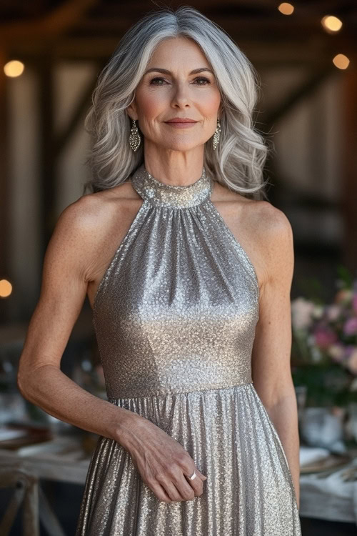 A stylish woman over 50 in a metallic silver sleeveless A-line dress with a halter neckline, a tulip hemline, and subtle lace appliqueÌs