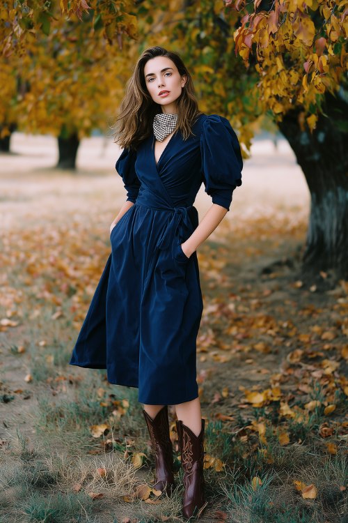 A woman in a navy wrap midi dress with puff sleeves and velvet texture, styled with a light plaid scarf