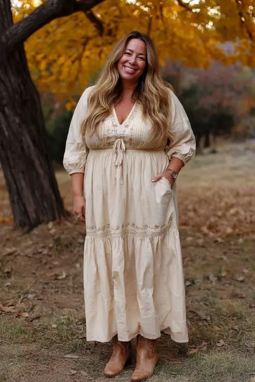 A plus-size woman wears a flowy boho maxi dress with embroidered cowboy boots