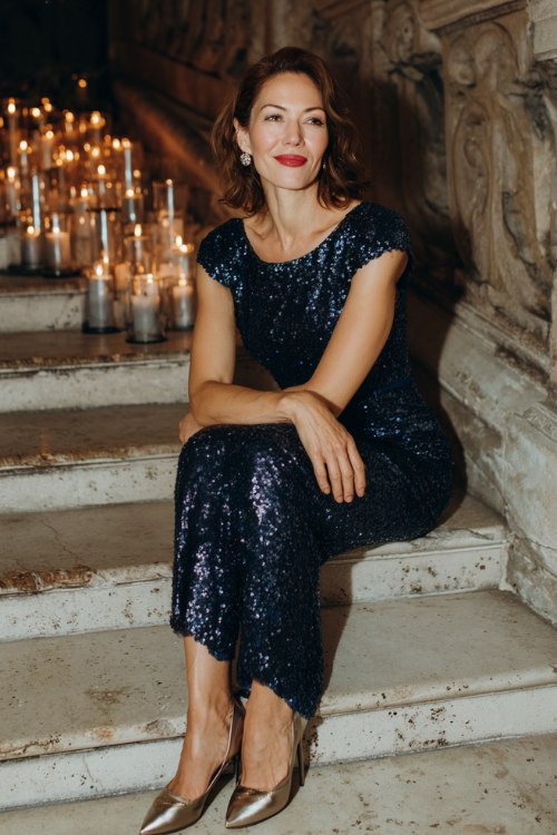 A woman over 40 wears a navy sequin column dress with cap sleeves, paired with metallic heels