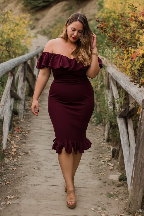 A curvy woman wears a burgundy off-the-shoulder midi dress with ruffle detailing and suede block heels