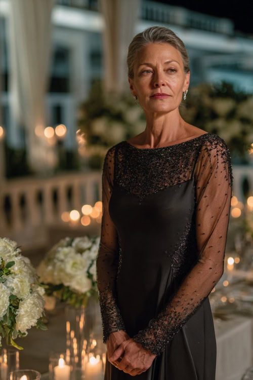 A woman over 50 in a sleek black cocktail dress with sheer sleeves and sequin accents, standing on a patio with white floral arrangements and candlelit deÌcor