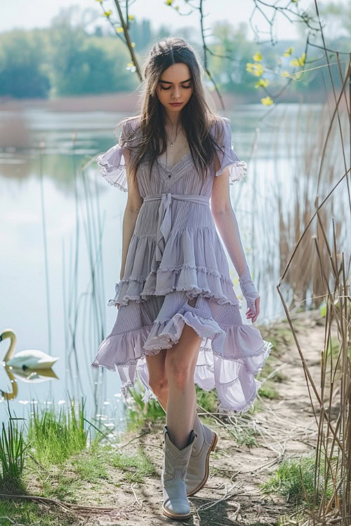 A woman wears cowboy boots with a purple tiered dress