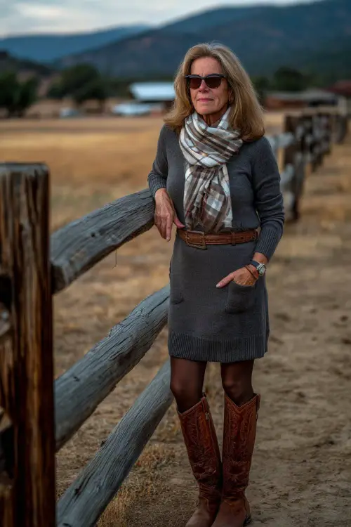 A woman wears a champagne silk dress with a long ivory fur coat, holding a clutch while walking along a snowy cobblestone path toward a winter reception