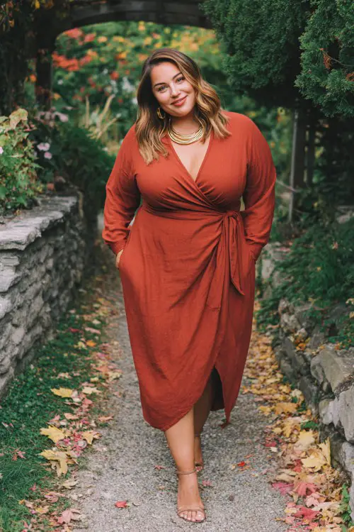 A plus-size woman wears a rust-colored long-sleeve wrap midi dress with a flowy skirt, styled with gold jewelry and heeled sandals