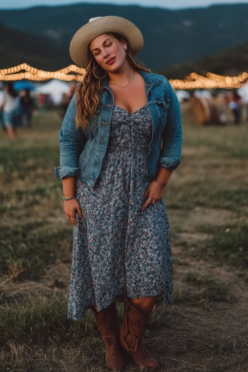 A plus-size woman wears a boho-inspired floral midi dress styled with a denim jacket, western boots, and a floppy hat, enjoying a country concert in a field with string lights