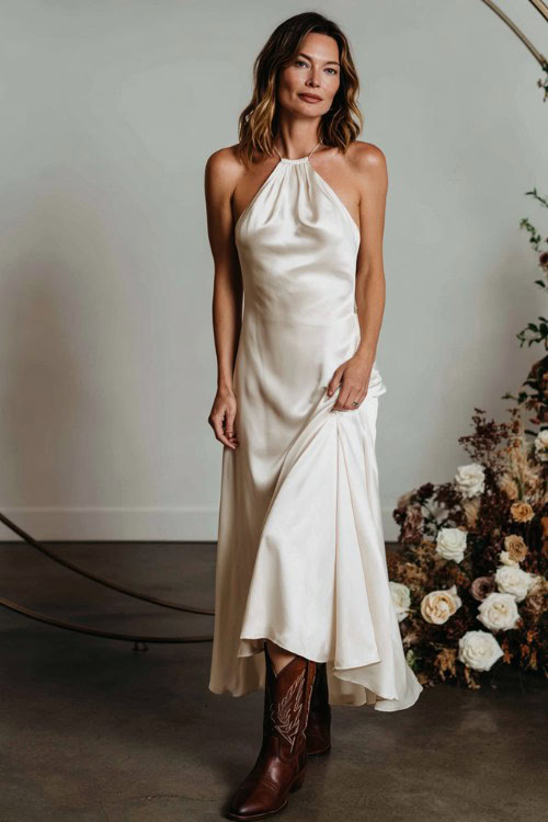 A woman over 30 wears an ivory satin halter gown with a flowing skirt and brown vintage-style cowboy boots