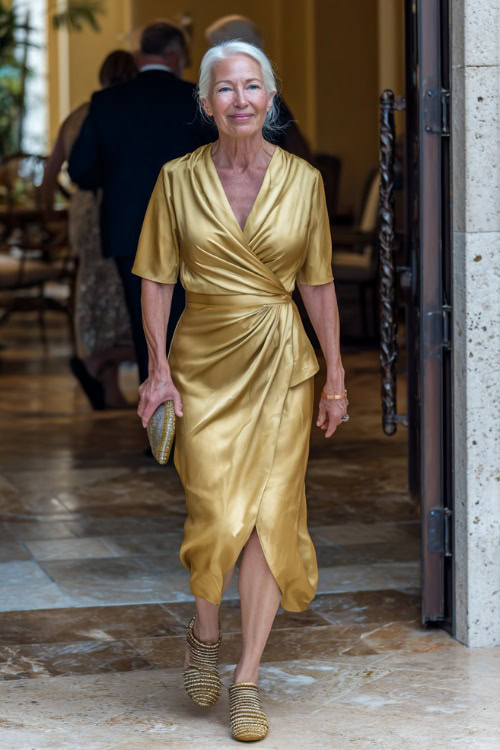 A woman over 50 in a gold satin wrap dress with short sleeves and beaded sandals, walking through a marble entryway at a formal summer wedding