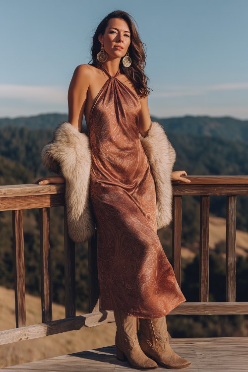 A satin paisley maxi dress in warm copper tones with a halter neckline, paired with tooled leather cowboy boots and a faux fur stole