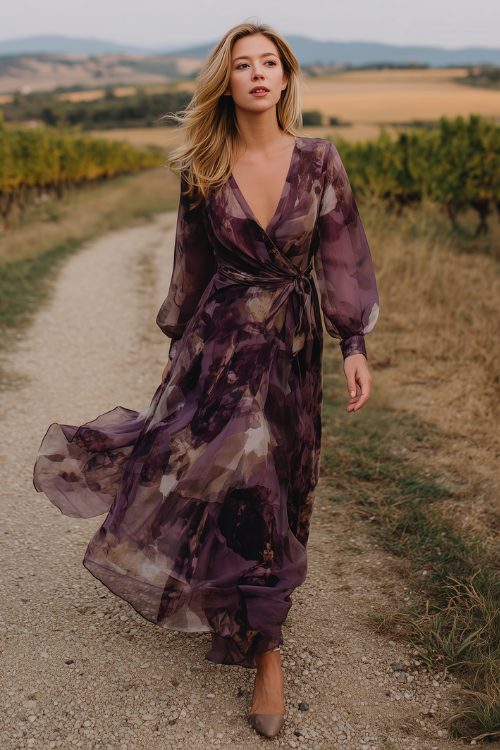 A woman in a dark mauve chiffon dress with long sheer sleeves and an abstract floral pattern