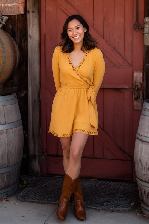 A petite woman in a mustard A-line short dress with crochet trim and brown mid-calf boots