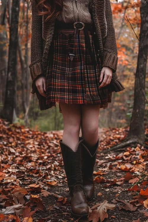 a woman wears a plaid skirt and brown cowboy boots