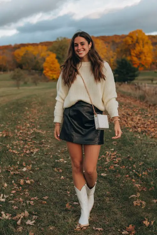 A woman wears a black faux-leather skater skirt with a cream knit sweater tucked in, paired with white cowboy boots and a crossbody bag