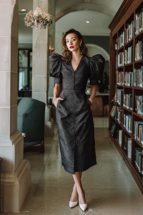A woman wears a charcoal jacquard midi with puff sleeves
