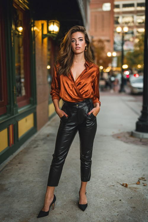 A woman in black leather pants, a burnt orange satin blouse, and pointed heels, posing confidently outside a downtown fall bar, full body outfit visible