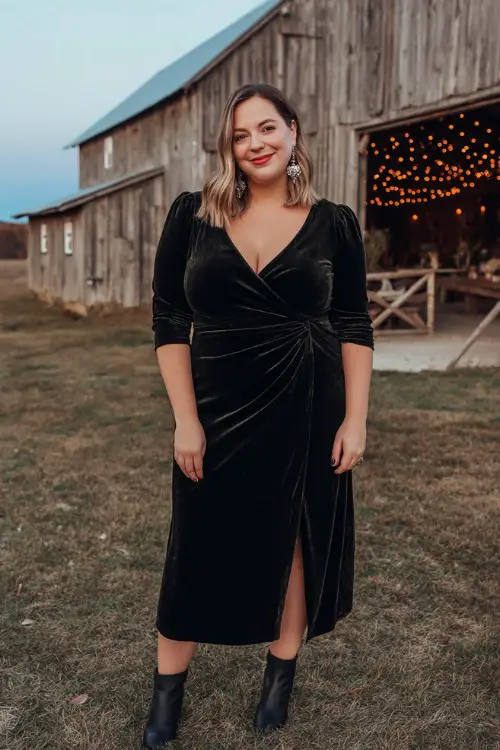A plus-size woman wears a black velvet wrap dress with a modest V neckline, styled with crystal earrings and heeled boots
