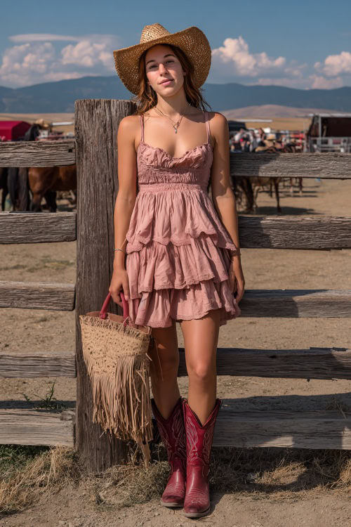 A woman wearing a tiered ruffle sundress in blush pink, paired with red cowboy boots and a fringe bag