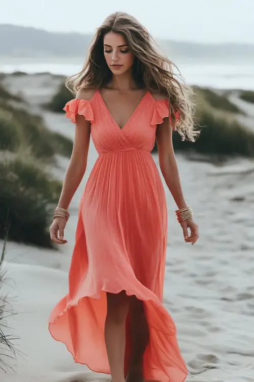 A refined woman in a bright coral maxi dress with short flutter sleeves and a cinched waist, accessorized with gold bangles and barefoot sandals