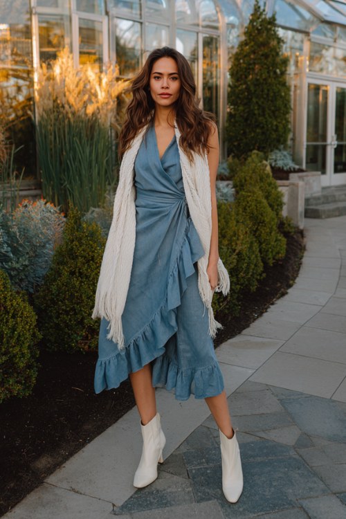 A woman wears a slate blue fit-and-flare midi dress with a faux wrap waist and ruffled hem, paired with off-white ankle boots and a knitted shawl