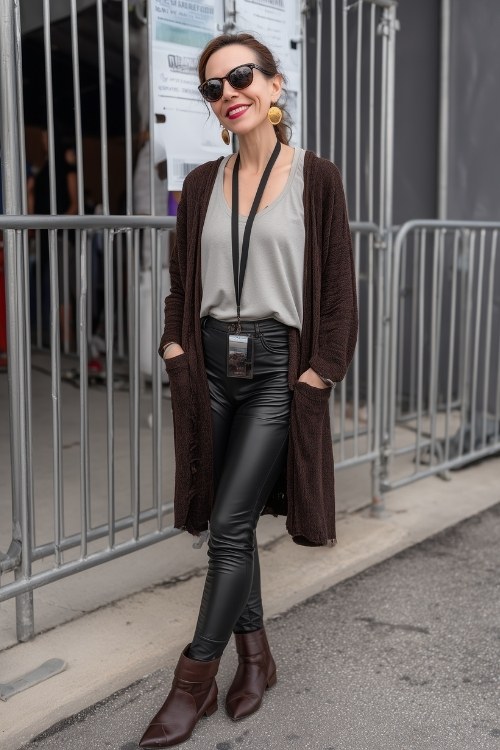 A woman over 40 wears a sleek look with faux leather pants, a neutral blouse, long cardigan, and ankle boots for a trendy yet effortless concert style