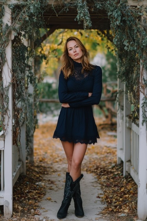 A woman over 30 in a navy long-sleeve mini dress with lace detailing and classic black cowboy boots