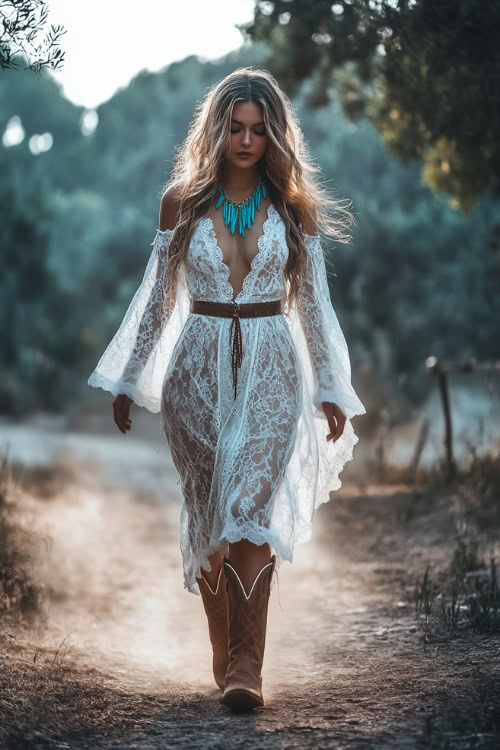 A free-spirited woman in a white lace maxi dress with sheer bell sleeves, styled with brown cowboy boots and layered turquoise jewelry