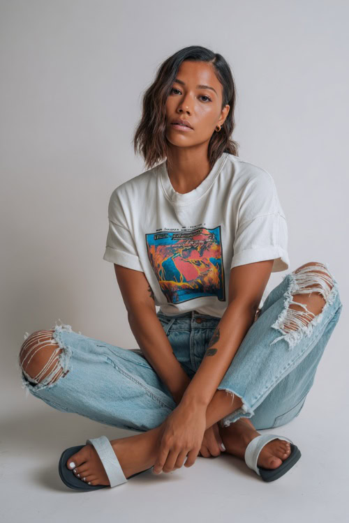 A woman wearing a cropped graphic tee with ripped boyfriend jeans and slide sandals, styled for a casual streetwear-inspired summer night, simple studio background
