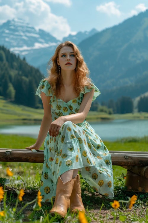 a woman wears green sundress with brown cowboy boots and sits on a wooden chair