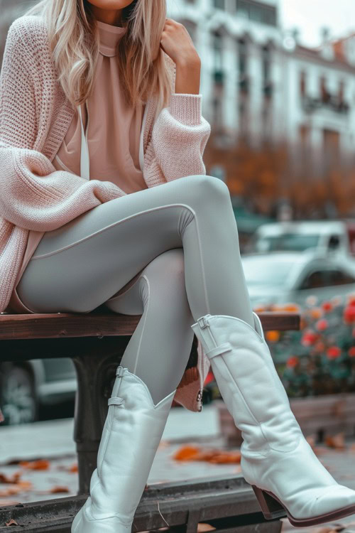 A woman wears white cowboy boots, leggings and a pink cargidan
