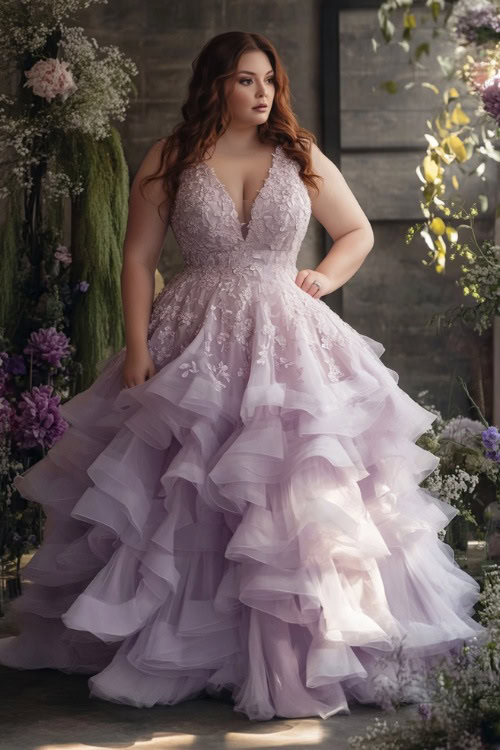 A chic plus-size woman in a pastel lavender sleeveless midi dress with an illusion neckline, floral lace appliqueÌs