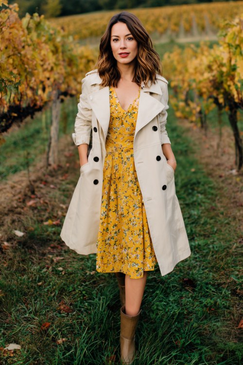 A woman wears a mustard yellow floral tea-length dress with a belted cream trench coat