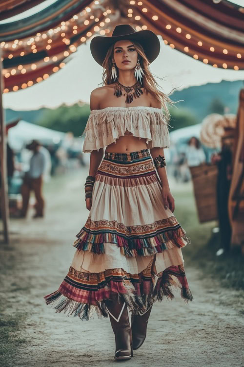 A confident woman in a flowing off-the-shoulder peasant blouse with a tiered bohemian maxi skirt, accessorized with cowboy boots and feather earrings