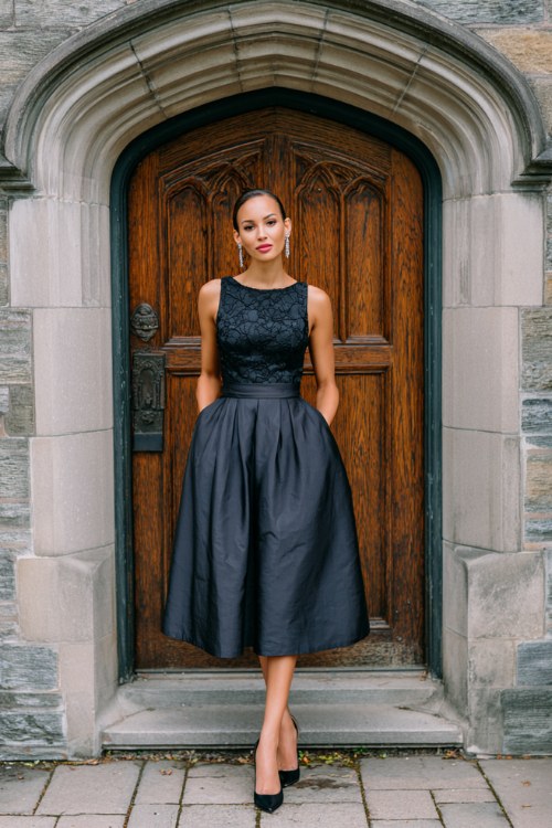 A woman over 40 wears a charcoal grey fit-and-flare dress with a boat neckline and lace overlay, paired with black kitten heels and drop earrings
