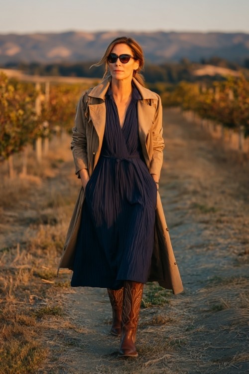 A woman over 40 wears a navy long-sleeve pleated midi dress, styled with tall brown cowboy boots and a camel coat