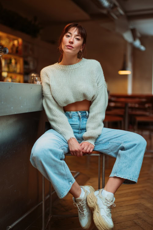 woman wearing light wash jeans, a cropped knit sweater, and platform sneakers, sitting at a high-top table in a relaxed autumn bar