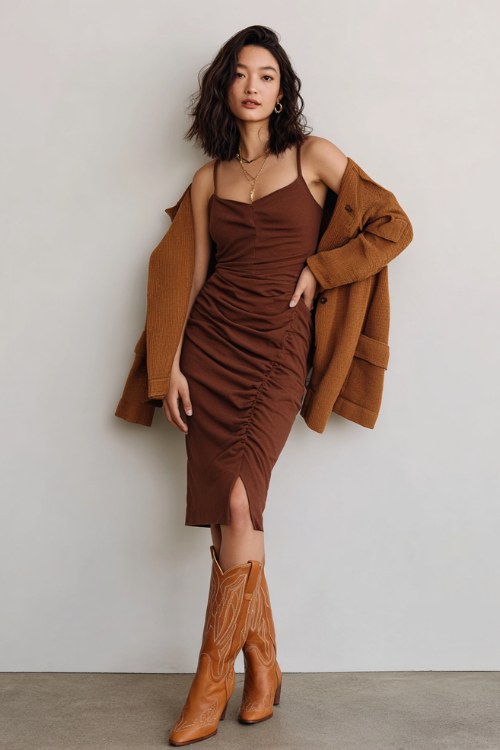 A woman in her 30s wears a cinnamon brown wool midi dress with a subtle slit and ruched waist, styled with caramel cowboy boots