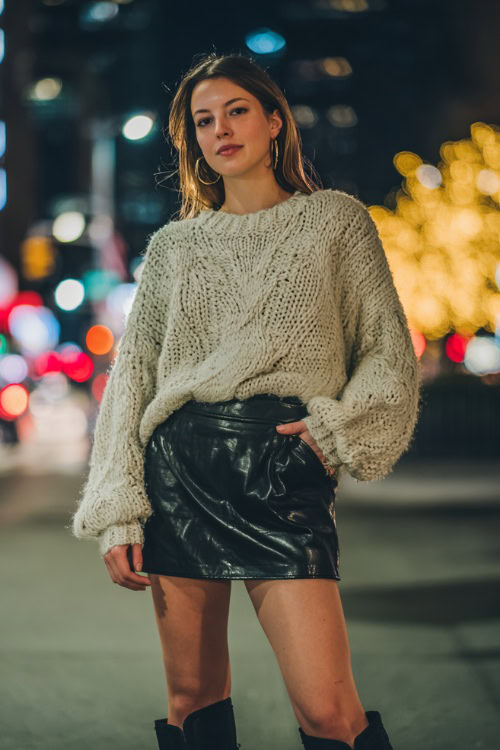 A woman wearing a chunky oversized knit sweater tucked into a black leather mini skirt, styled with black ankle boots and subtle hoop earrings
