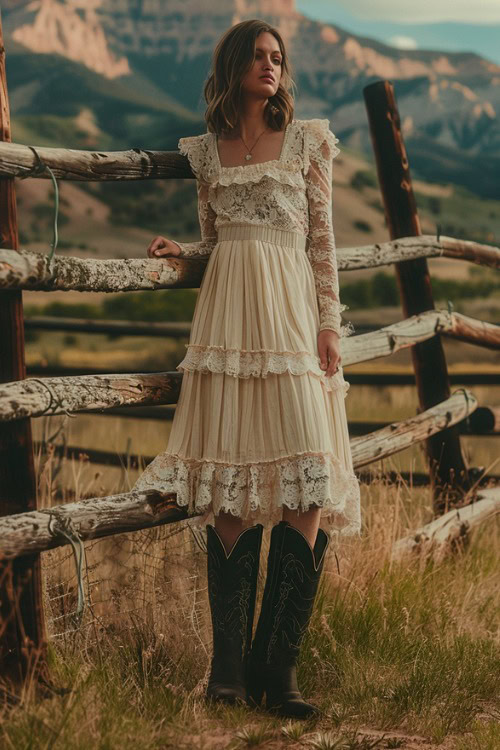 a woman wears a light yellow dress and black cowboy boots