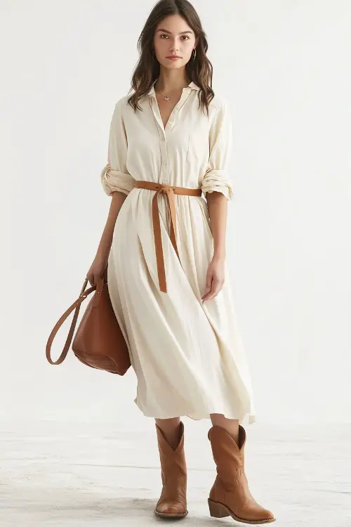 a woman wears a midi white dress with a leather belt and brown cowboy boots
