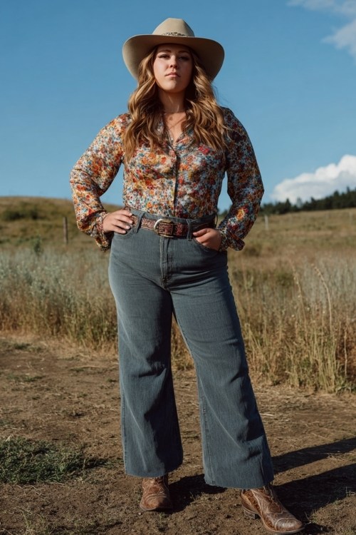 A plus-size woman wears dark flare jeans over pointed-toe tall cowboy boots, styled with a tucked-in floral blouse and wide-brim hat