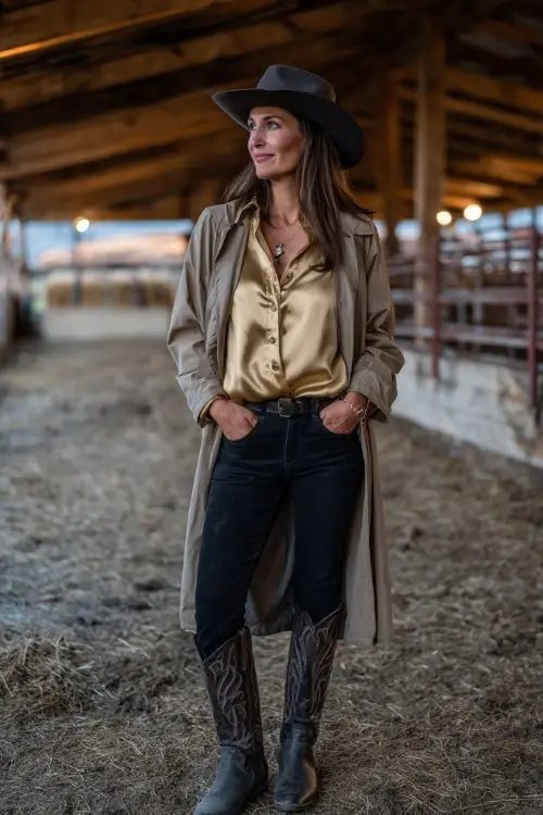 A woman over 40 wears black skinny jeans, a satin blouse, and a wool trench coat styled with cowboy boots at a rustic barn concert